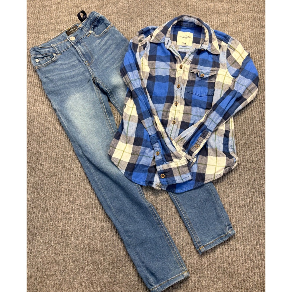 7 For All Mankind Jeans & Abercrombie Plaid Flannel Shirt Set Girls 10 M Blue